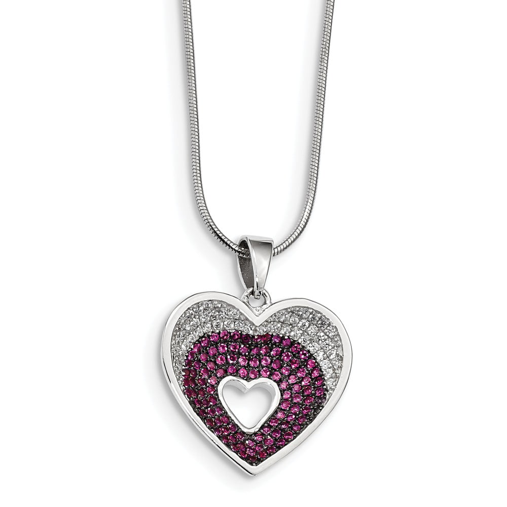 Jewel Tie Sterling Silver CZ Cubic Zirconia Heart with Bar with 2in ext Necklace Chain 1mm with Secure Lobster Lock Clasp
