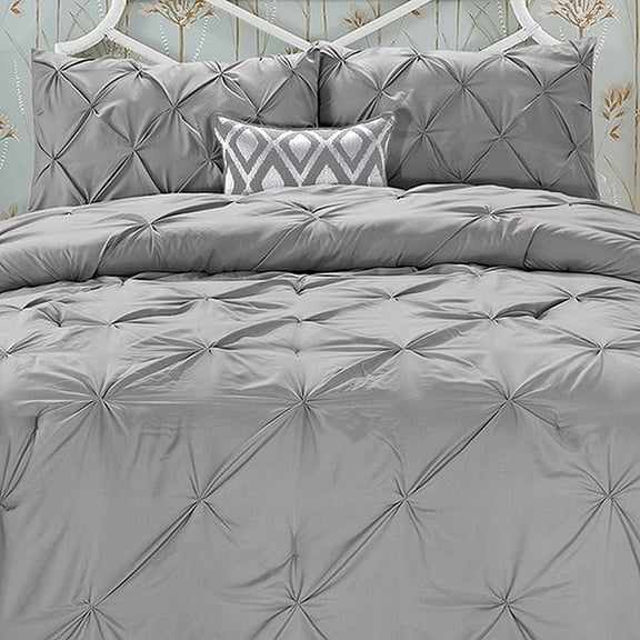 Elegant Comfort Wrinkle Resistant - All Season Luxury Silky Soft Pintuck 3-Piece Comforter Set - Full/Queen, Grey