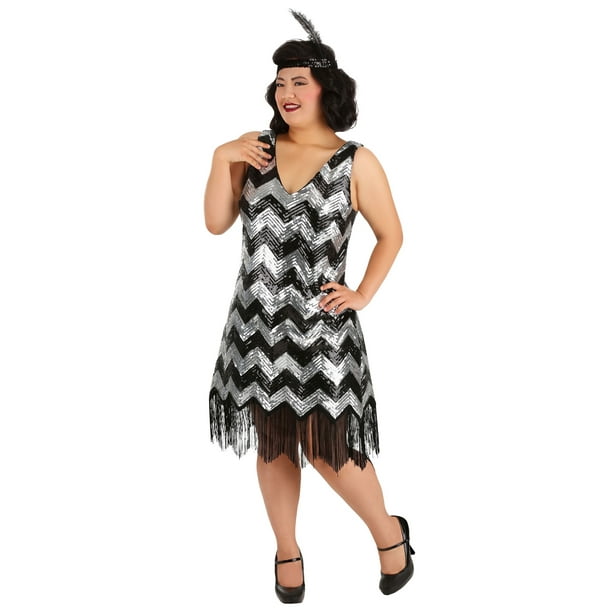 Women's Plus Size Silver and Black Fringe Flapper Dress 