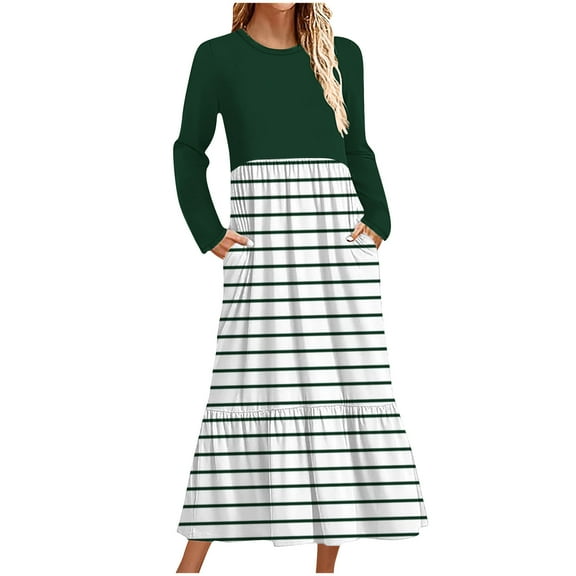 QUINDOS Dresses for Women 2025 Casual A-Line Crew Neck Long Sleeve Sun Dresses Summer Striped Pockets Midi Long Womens Dresses
