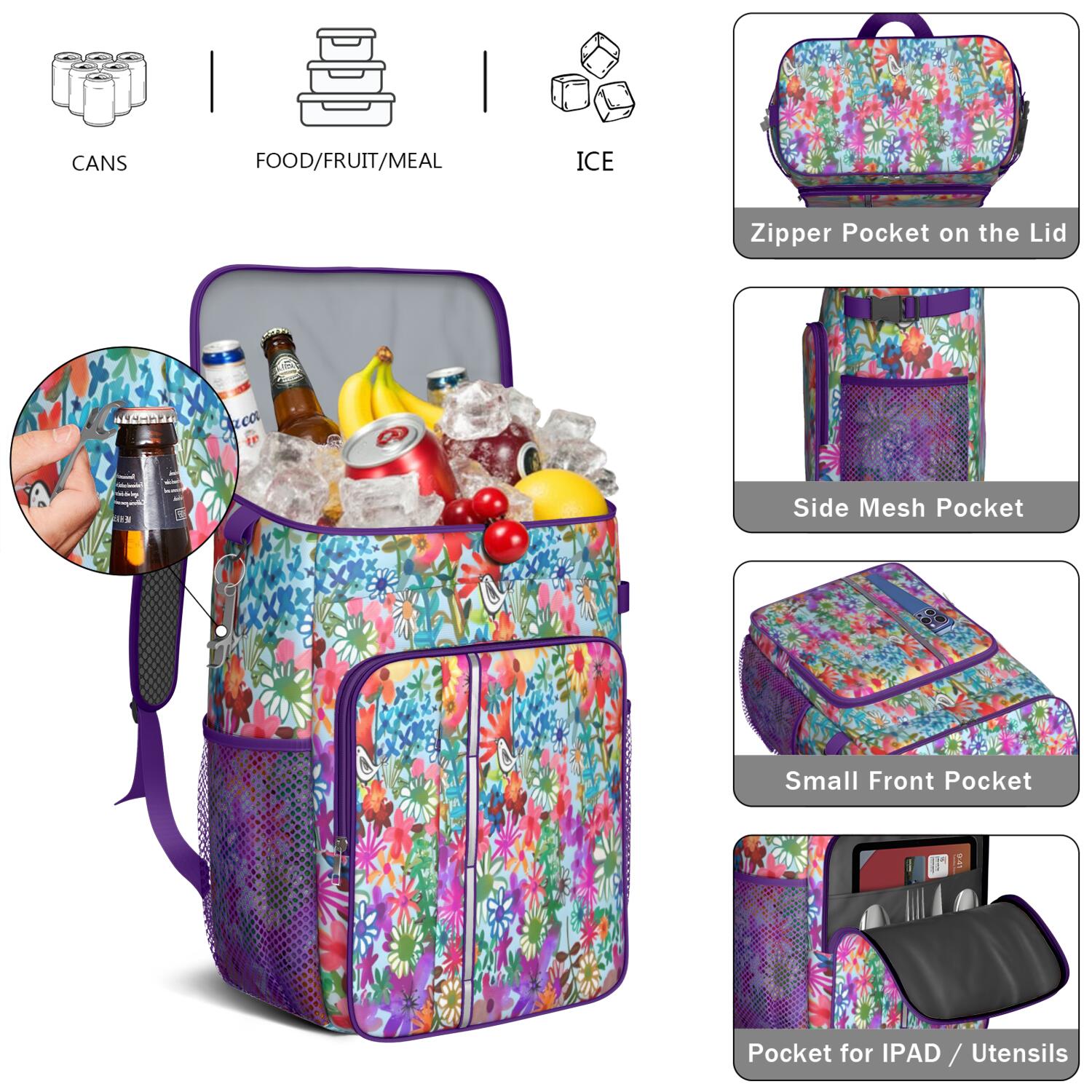 Travel Cooler Bag - Pioneer Flower Floral Print Pattern Camping Beer Cooler Backpack with Bottle Opener- Waterproof Insulated Picnic Backpacks - Cooler Bag for Beach