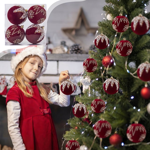 Bolas navideñas flocadas de terciopelo de 8 cm, paquete de 4, rojas, para árbol de Navidad | Colgantes ligeros para decoración navideña en casa, oficina, escuela, fiestas, bodas