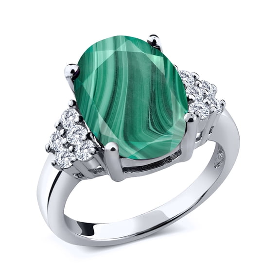 Gem Stone King 925 Sterling Silver Ring Oval Green Malachite and Moissanite (6.38 Cttw, Size 6)