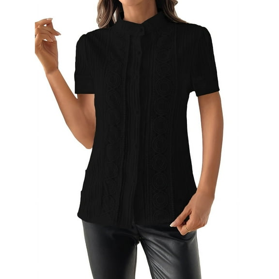 Womens Short Sleeve Shirts Button Down Blouse Casual Summer Textured Tops Black S