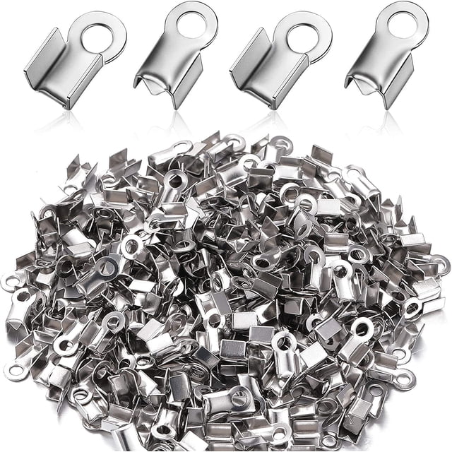 Woeilo 100 Pieces 304 Stainless Steel Fold Over Cord Ends Cord Crimp Tips Fold-Over End Caps Leather Ribbon Clasp Tips Jewelry Connector for Jewelry Making, 3 x 8 mm Silver