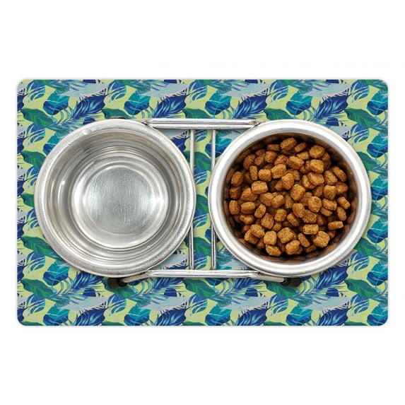 Tropical Pet Mat for Food and Water, Exotic Paradise Island Rainforest Vegetation Jungle Plants in the Abstract Style, Non-Slip Rubber Mat for Dogs and Cats, 18" X 12", by Ambesonne