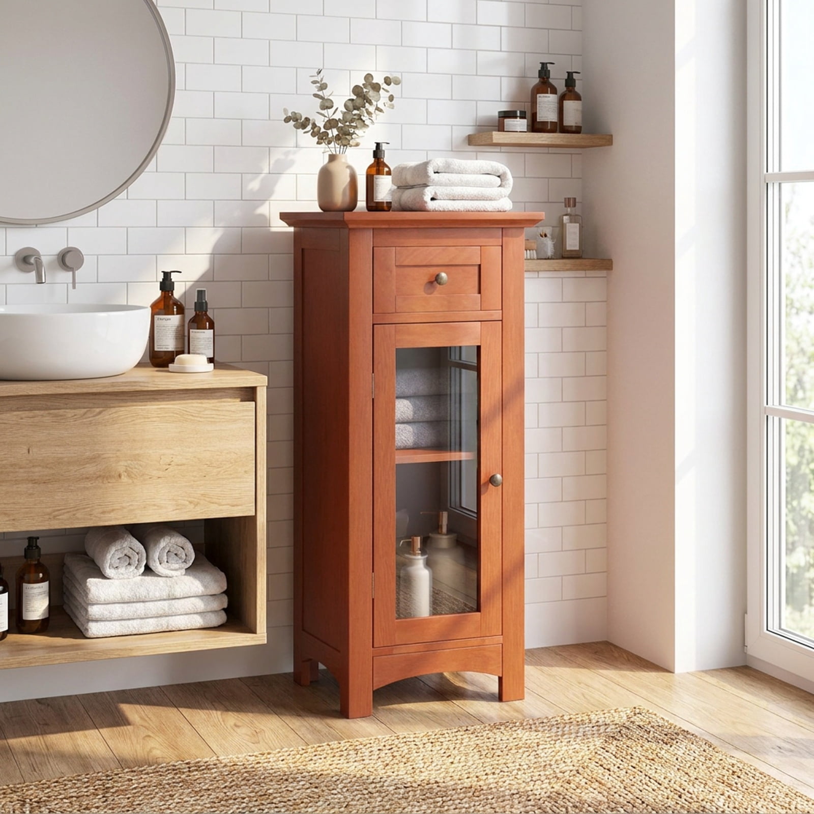 Vebreda Freestanding Bathroom Storage Cabinet, Bathroom Freestanding Storage Cabinet with Single Glass Door, Sturdy Glass Door
