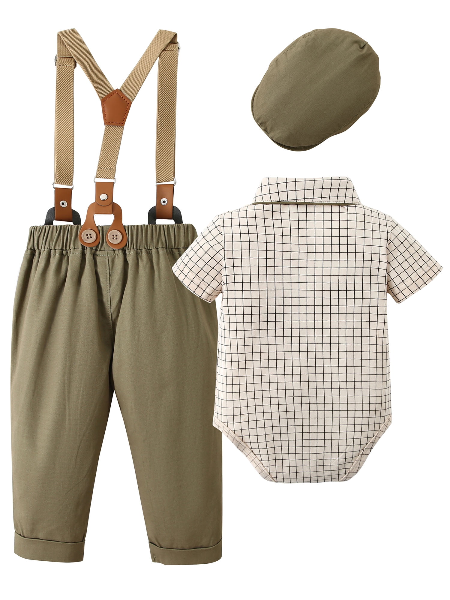 Baby Boy Clothes Suits 3-24 Months Plaid Shirt Wedding Formal Outfits Suspender Pants Bowtie Hat