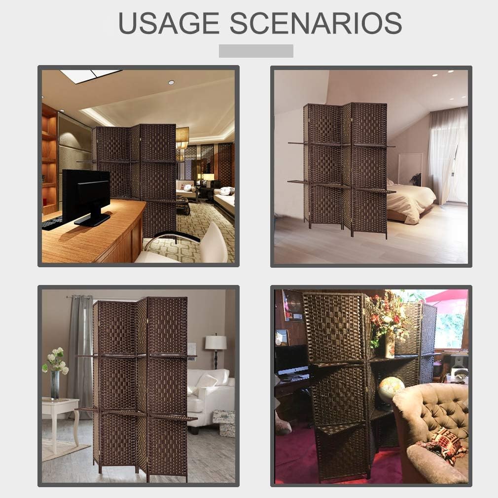 XF XINFENG 6 ft Wood 4-Panel Room Divider and Folding Privacy Screen with 2 Tier Display Shelves, Decorative Screen Freestanding Office Temporary Wall Divider Diamond Room Partition, Brown