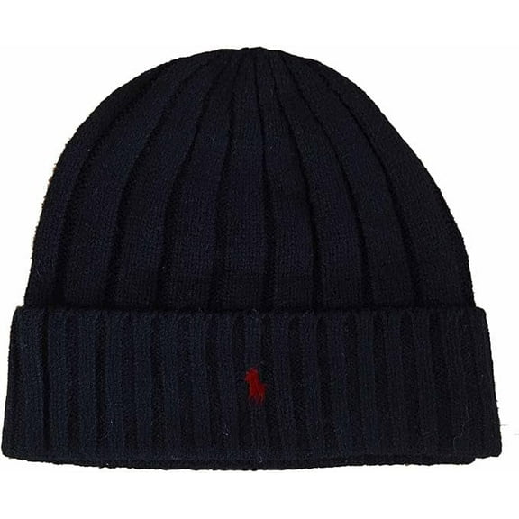 Polo Ralph Lauren Men`s Signature Merino Cuffed Beanie (Black, Red Pony , OS)