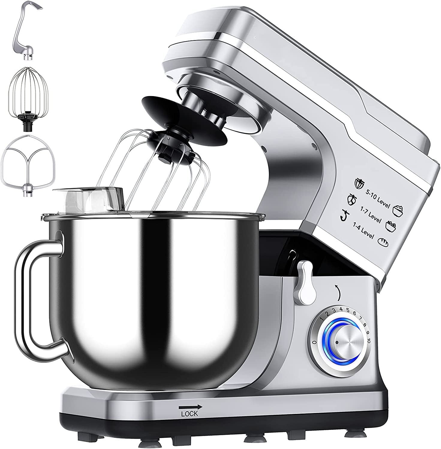 Tilt-head Stand Mixer, 7.5QT 660w 10*Speed Electric Kitchen Mixer with Whisk,Dough Hook,Flat Beater,Splash-proof Cover dishwasher Safe for Baking, Cake, Cookie, Kneading U.S. regulations Silver