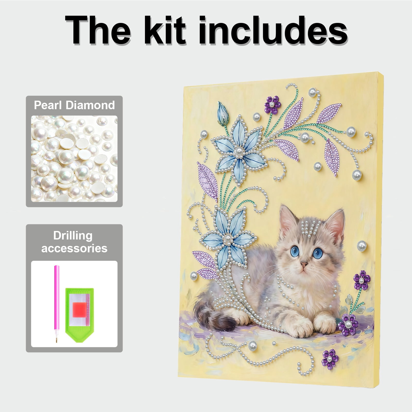 FLOPESN DIY Gemstone Pearl Diamond Art Painting Kit with Frame, 11.81x15.75in Colored Canvas, Home Decor Display for Tabletop and Wall -Cat