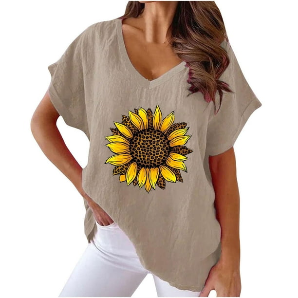 Camiseta de Manga Corta con Cuello en V con Impresión de Girasol, Algodón Casual Y Top de Cáñamo