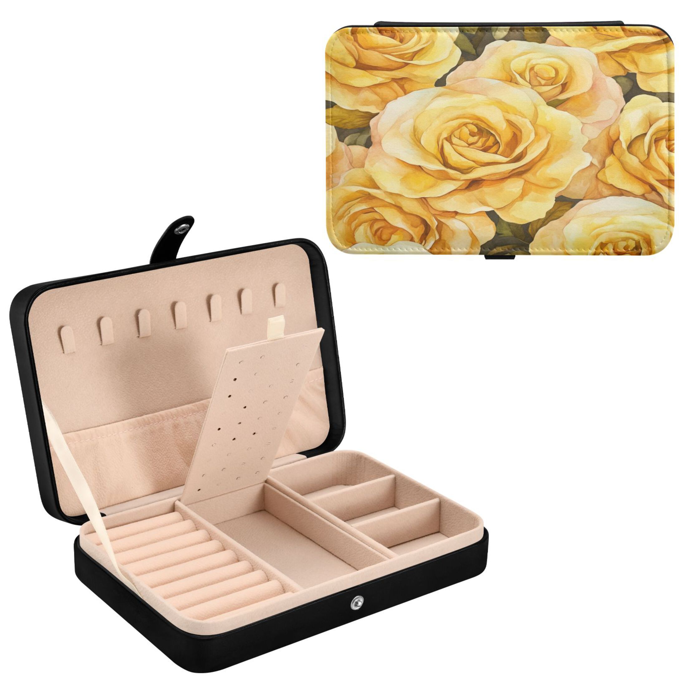 Leather Jewelry Box Rectangular 8.27x5.5x1.78In Travel Jewelry Storage Earrings Necklace Bracelet Watch Brooch Storage Gold Roses Seamless