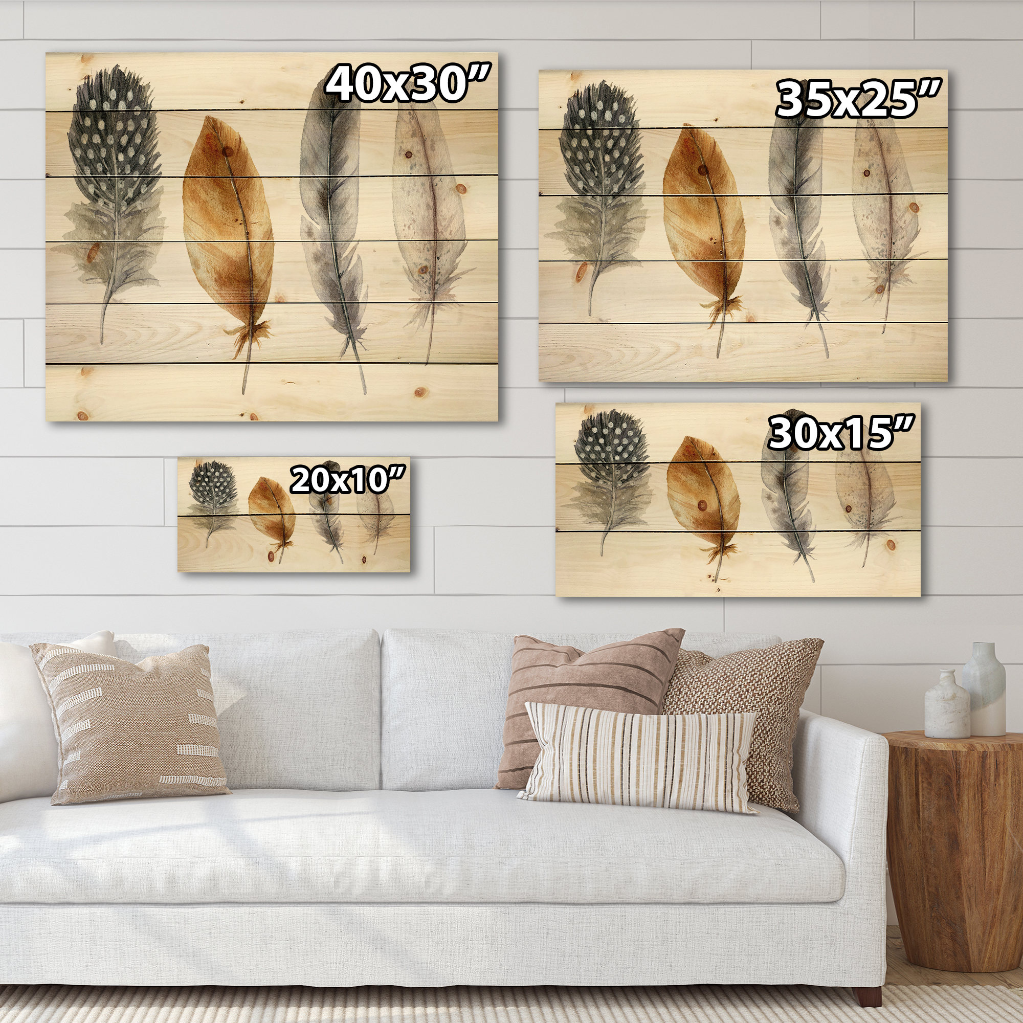 Designart 'Boho Feather In Blue and Orange Striped & Polka Dost' Bohemian & Eclectic Print on Natural Pine Wood