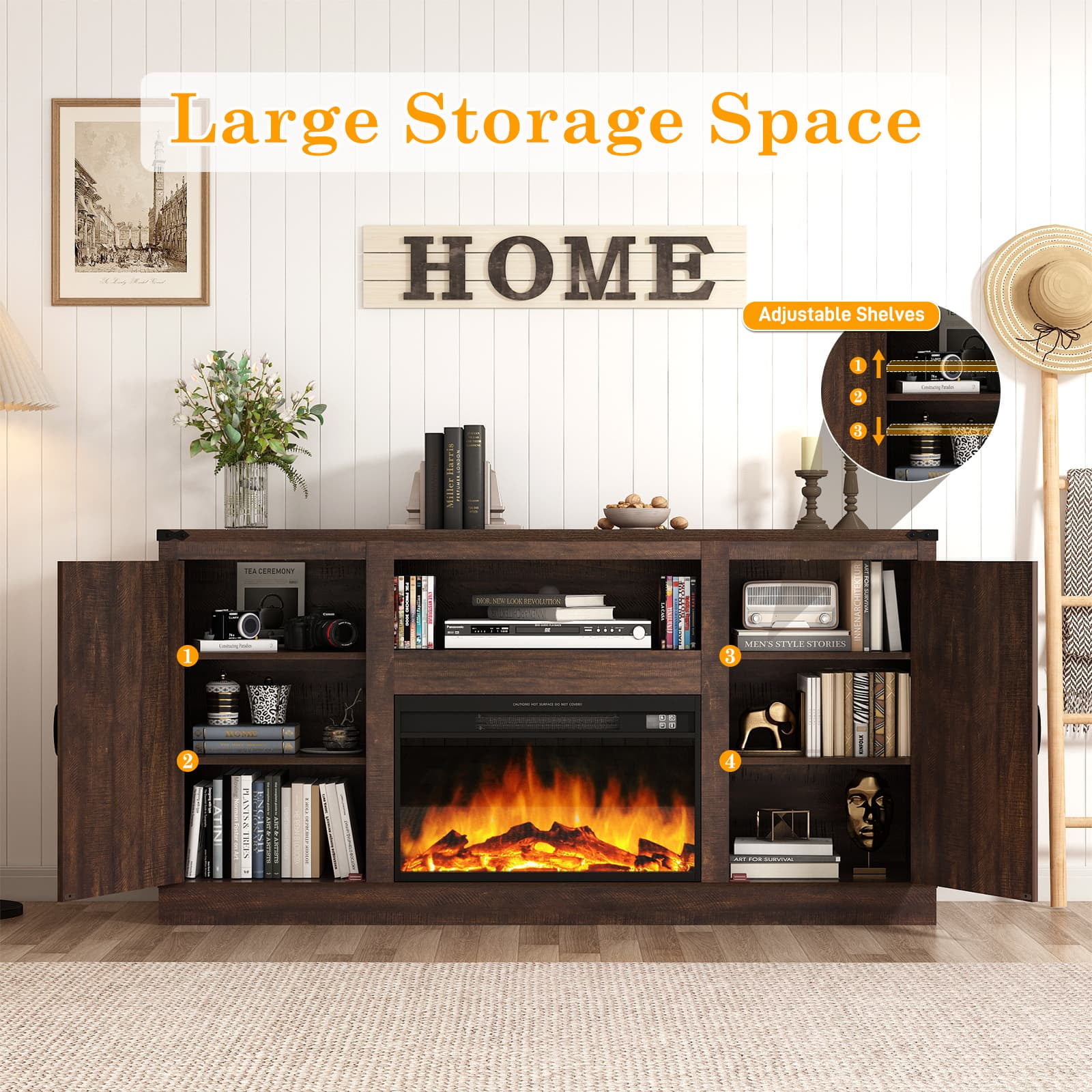 Blotout Farmhouse Fireplace TV Stand for TVs up to up 75" TVs, 66" Entertainment Center with with 26" Electric Fireplace & Adjustable Shelves for Living Room Bedroom
