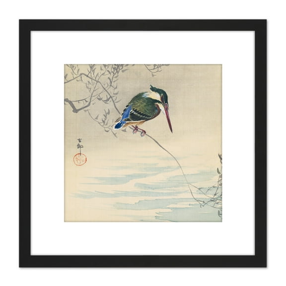 Ohara Koson Kingfisher Bird Japanese Painting 8X8 Inch Square Wooden Framed Wall Art Print Picture with Mount