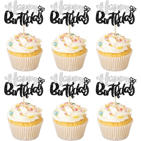 12Pcs Silver & Black Glitter "Happy Birthday" Cupcake Toppers with Stars, Birthday Party Cake Decorations