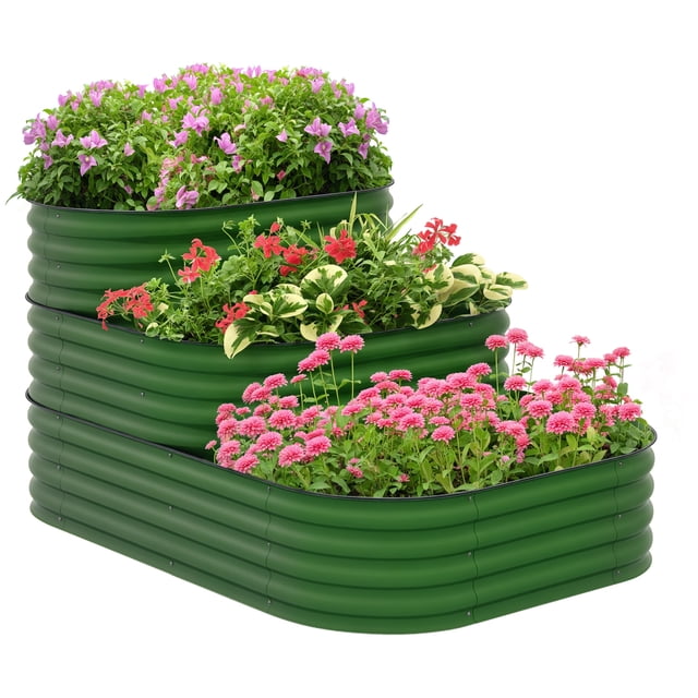 Outsunny Jardinière Surélevée à 3 Niveaux Verte Galvanisée avec Bordure de Sécurité