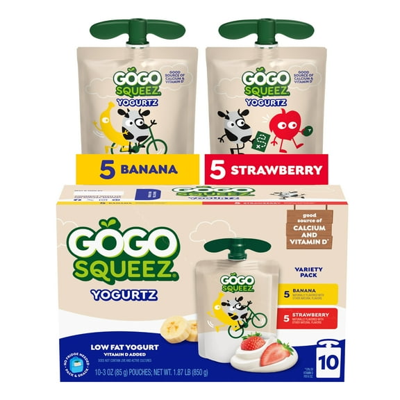 GoGo squeeZ Low Fat Yogurtz Strawberry and Banana Yogurt Snack Pouches, 3 oz (10 Pack)