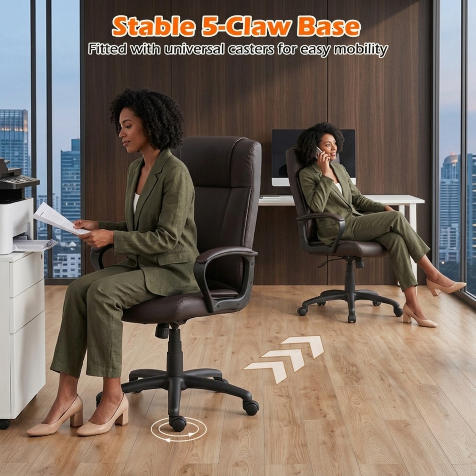 Furnibear Faux Leather Office Chair Computer Desk Chair with Rocking Function Padded Armrests Height Adjustable Swivel Seat and Casters, Brown