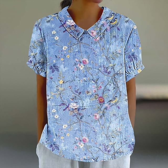 Ichuanyi Mode Femme Imprimé Manches Courtes Col Poupée Haut en Lin Manches Courtes Col Rond Haut/chemise