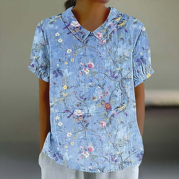 Ichuanyi Women's Fashion Printed Short Sleeve Doll Collar Linen Top Short Sleeve Round Collar Top/Shirt