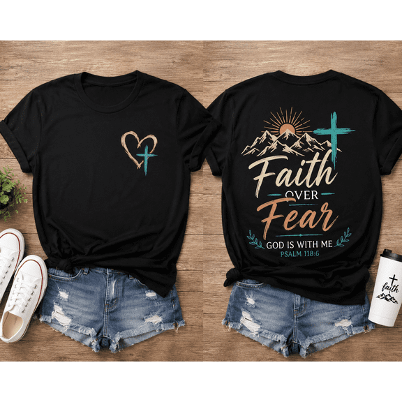 Women's Faith Over Fear Christian Graphic T-Shirt Inspirational Cross Mountain Short Sleeve Crew Neck Casual Religious Tee