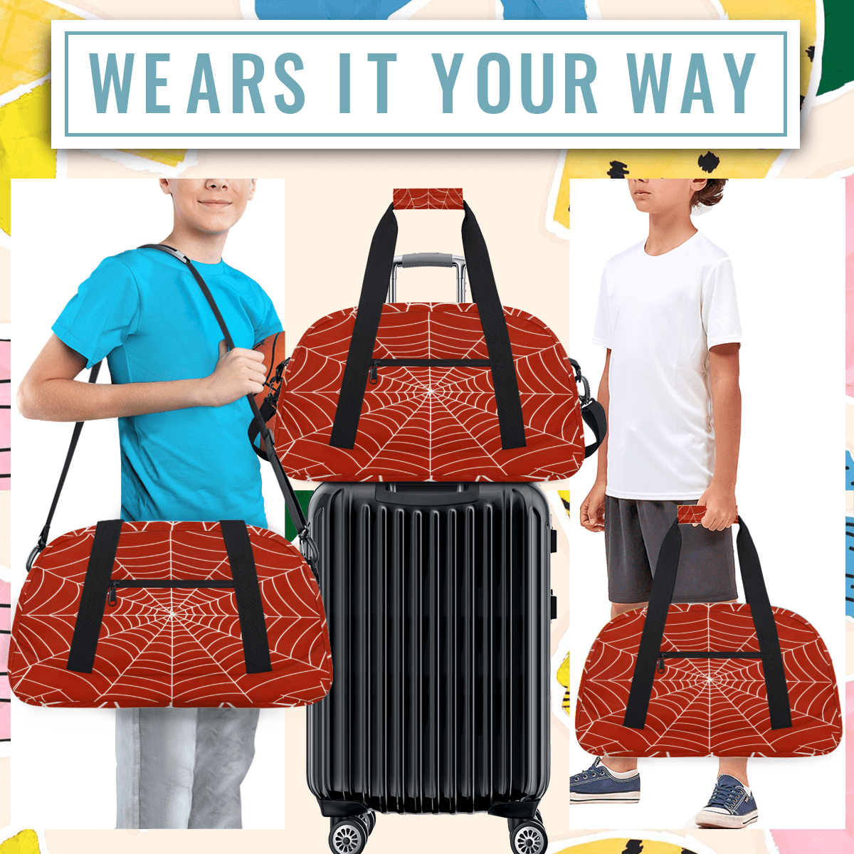 Herdesigns Spiders Web Sports Duffle Bag for Women & Men, Red Gym Bag Dance Bag Overnight Bag Carry On Weekender Travel Bag