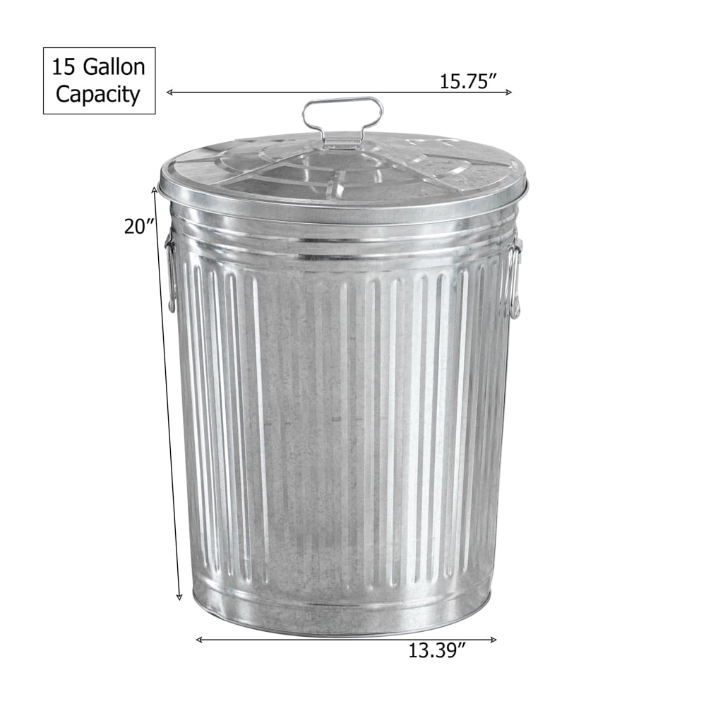 Gardenised Round Galvanized Steel 15 Gallon Trash Can with Lid and handles Durable Metal Storage Bucket for Backyard Lawn Garden and Yard Use Weather-Resistant Garbage Can for Indoor and Outdoor