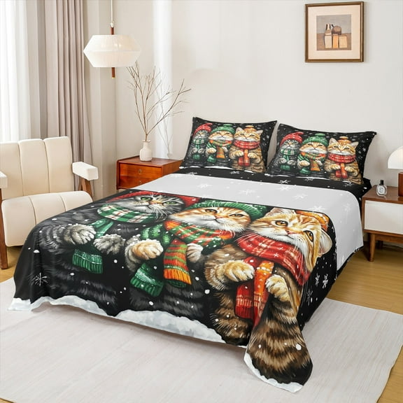 jejeloiu Cute Cat Twin Sheet Sets,Merry Xmas Twin Fitted Sheet,Lovely Pet Kitten Flat Sheet For Girls Boys,Breathable Bedroom Decor,3pcs