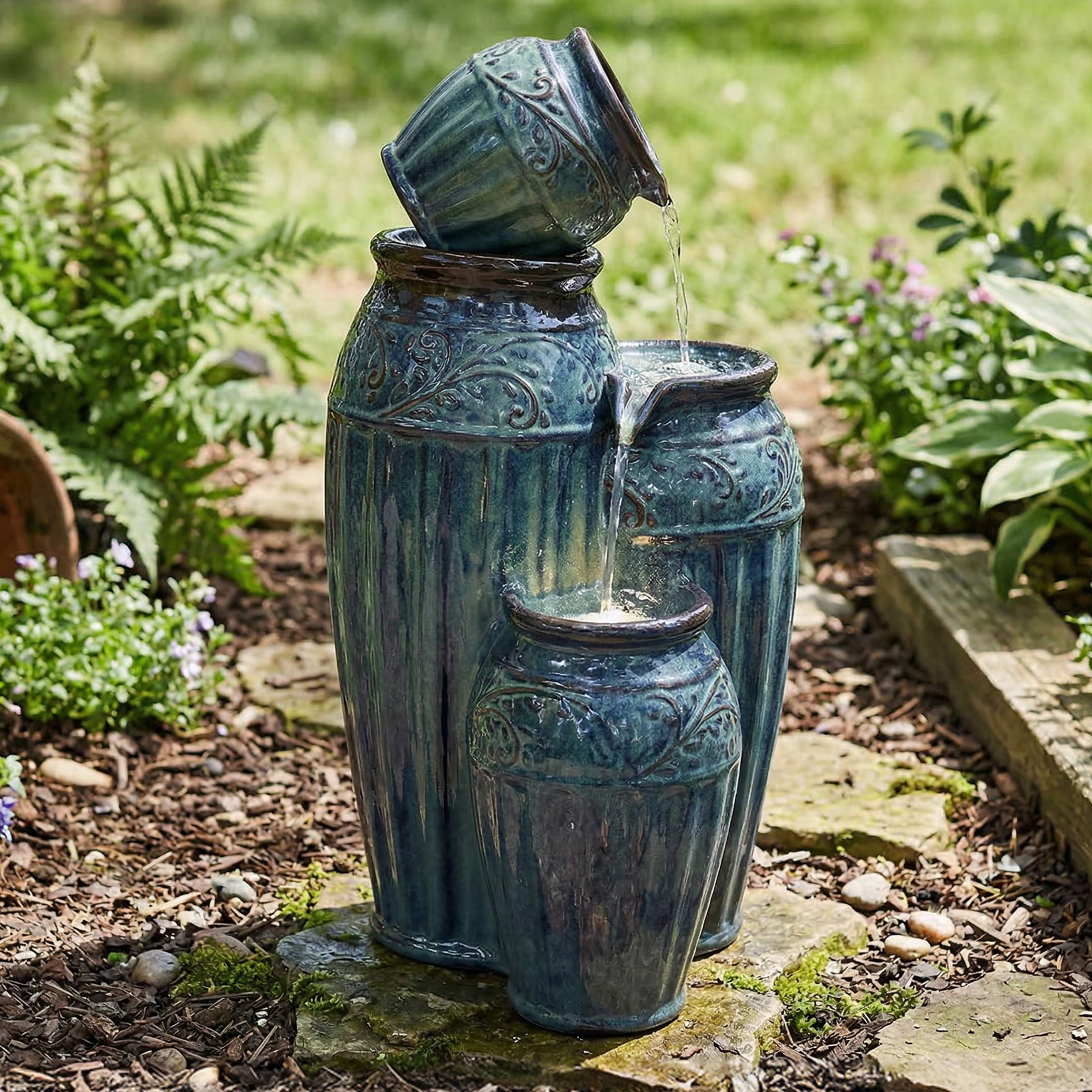 Sunnydaze Tour de Vase Ceramic Outdoor Water Fountain with Light
