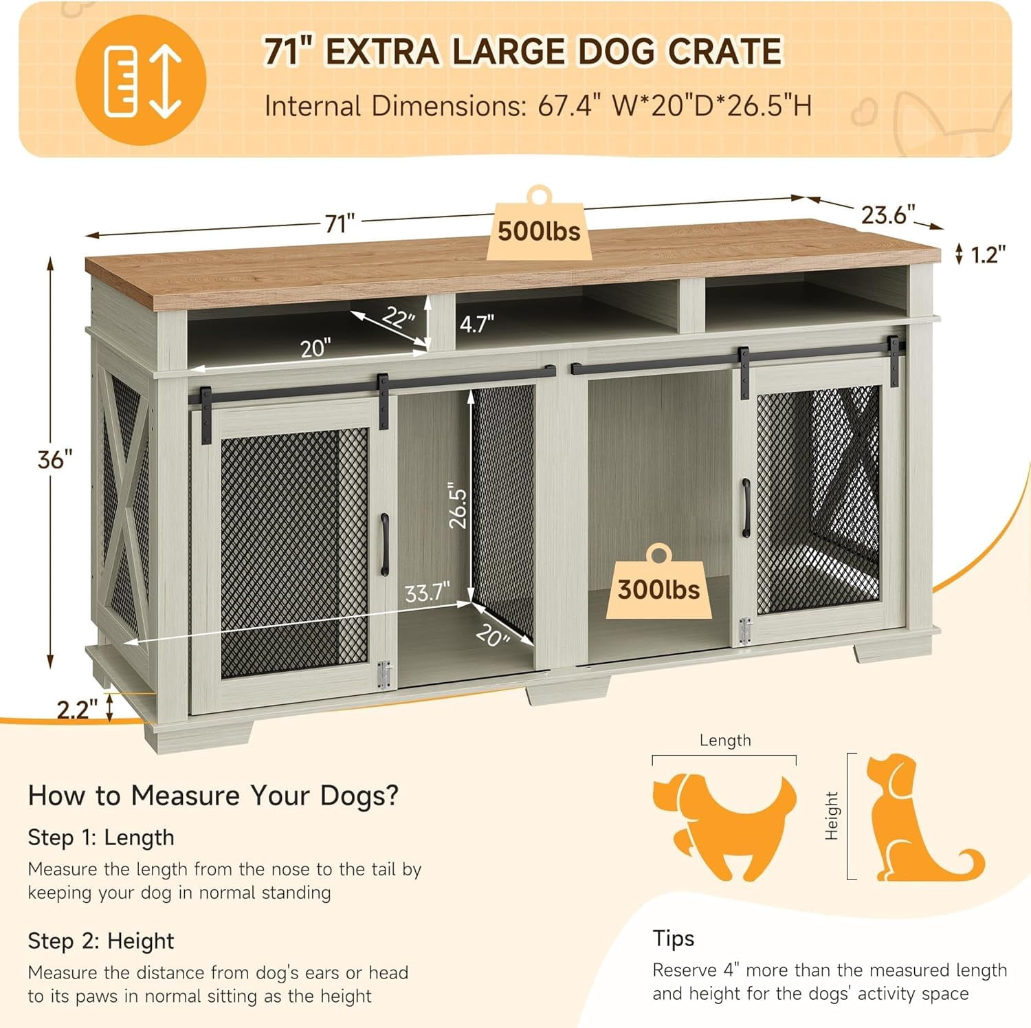 Trilenars 71Inch Extra Large Dog Crate Furniture,3 Storage Wooden Double Dog Crates Kennel Cage,Furniture Style Tv Stand Side End Table for 2 Dogs With Removable Divider for Large Dogs
