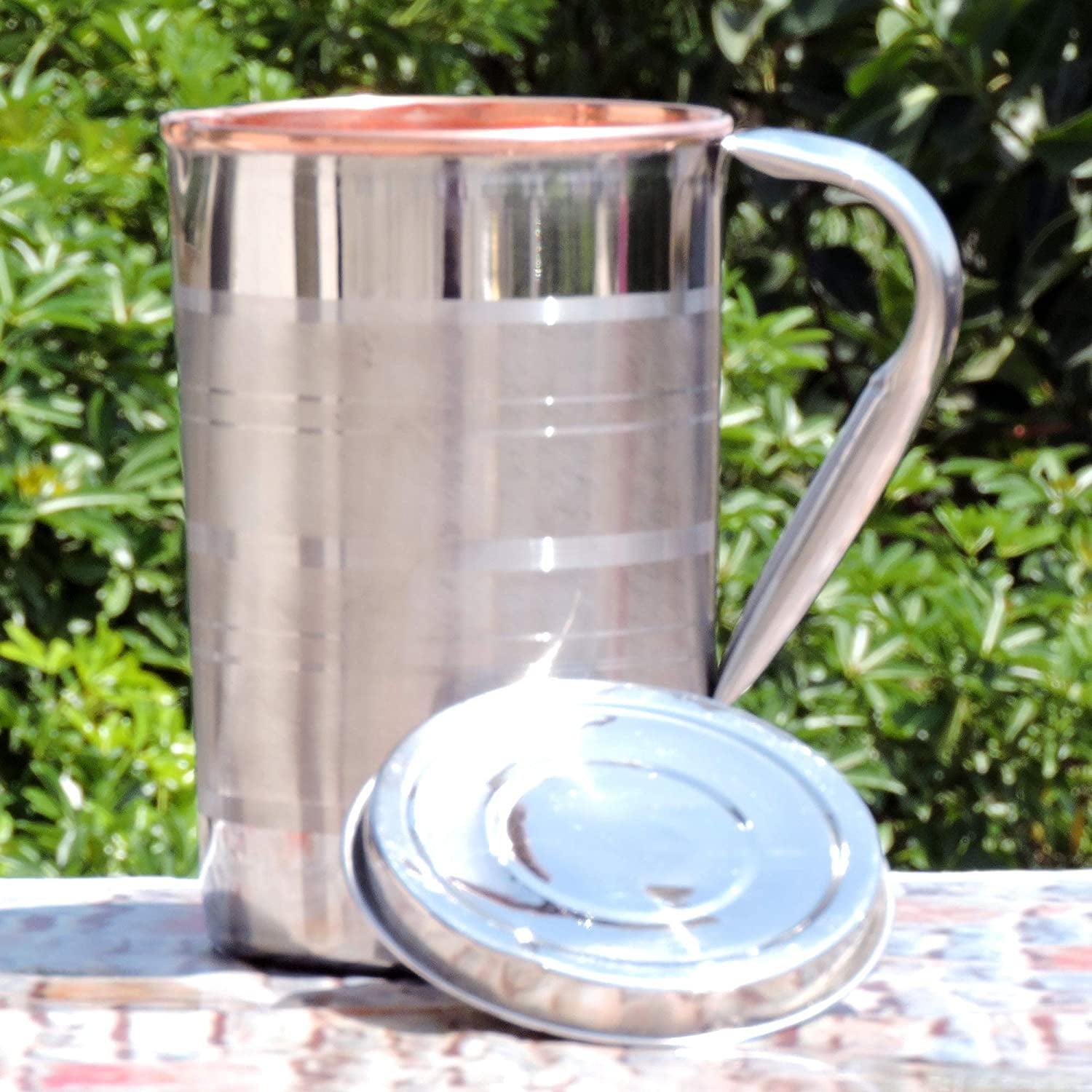 Outer Stainless Steel and Inner Copper Pitcher with Lid UNLINED, UNCOATED and LACQUER Free, Carries 1.7 Lt. (57.48 US Fl Oz) Water