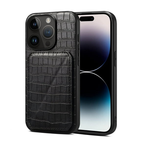 Allytech Slim Case Compatible with iPhone 15 Pro, Crocodile Print PU Leather Magnetic Hidden Card Holder Kickstand Shockproof Full Body Protective Wallet Case for Women Men, Black