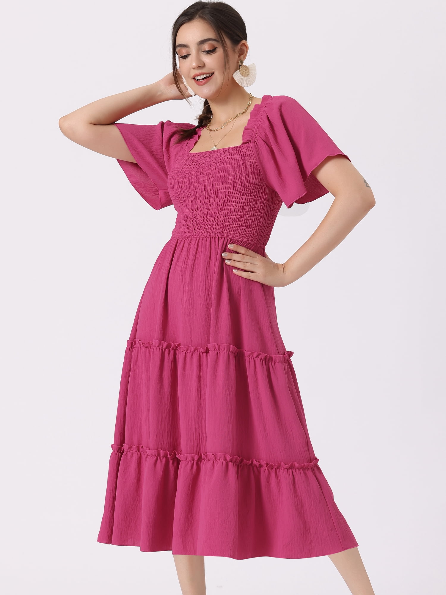 DARING DIVA Square Neck Short Sleeve Flowy Smocked Dress XL Hot Pink