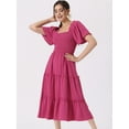 thumbnail image 4 of Unique Bargains Women's Square Neck Short Sleeve Tiered Flowy Boho Midi Smocked Dress L Hot Pink, 4 of 6