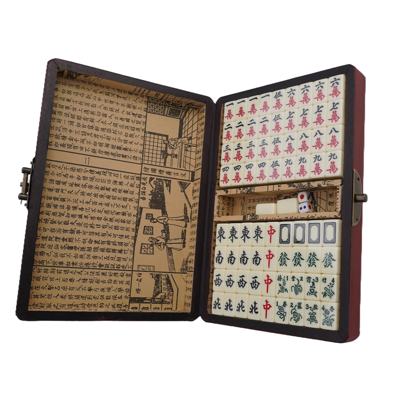 Portable Chinese Mahjong Set with 2pcs Dice Wooden Carrying Case for Travel Game