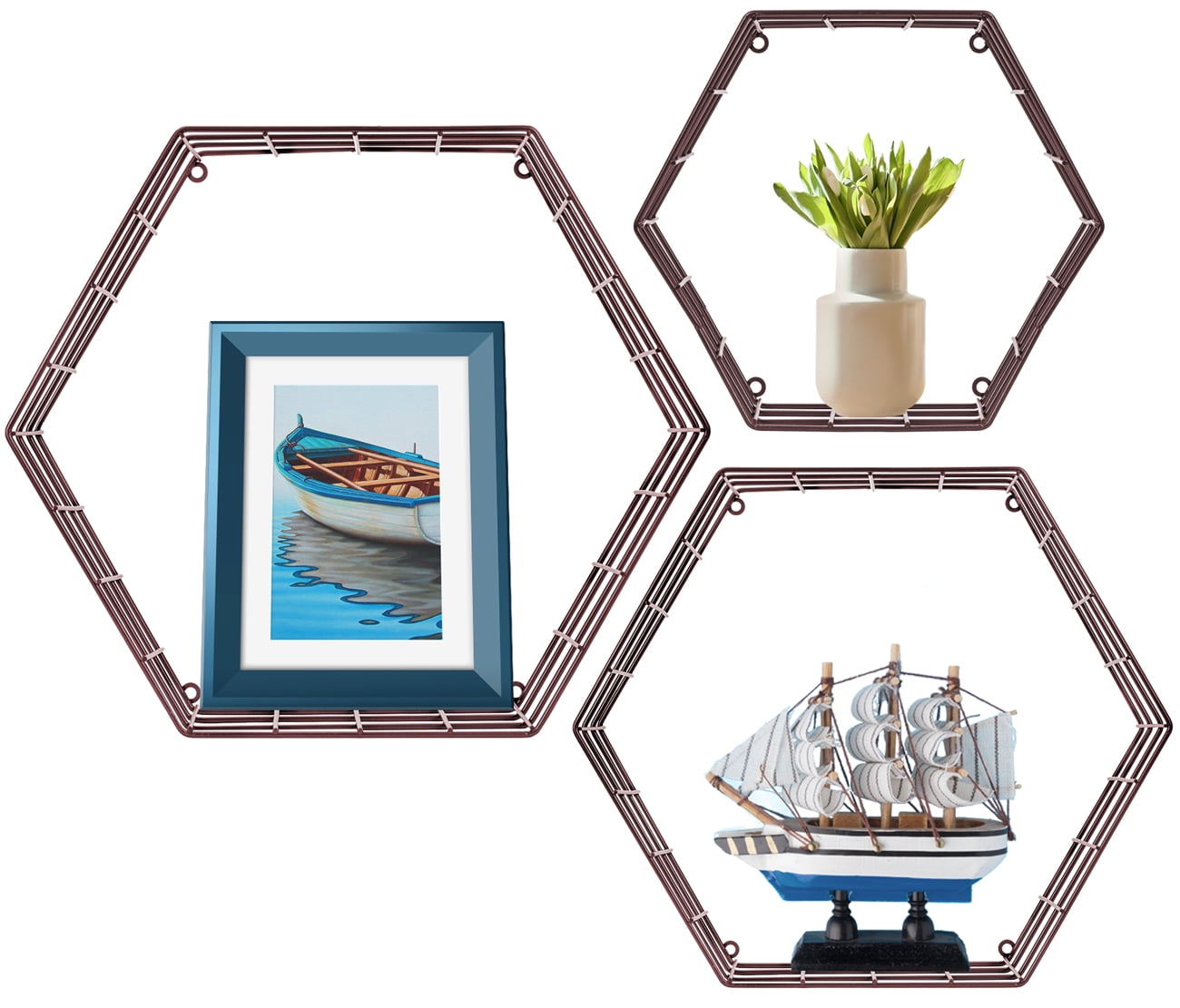 Sorbus Floating Shelves, 3 Pack Wall Mounted Metal Wire Hexagon Design, 14 x 12 Inch Wall Shelves for Bedroom, Kitchen, Living Room, Bathroom Shelves Over The Toilet, Home Décor