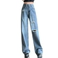 thumbnail image 2 of Aobny Women Ladies Jeans Blue Distressed Ripped Jeans Girlfriend Full High Waisted Baggy Hiking Pants,S, 2 of 5