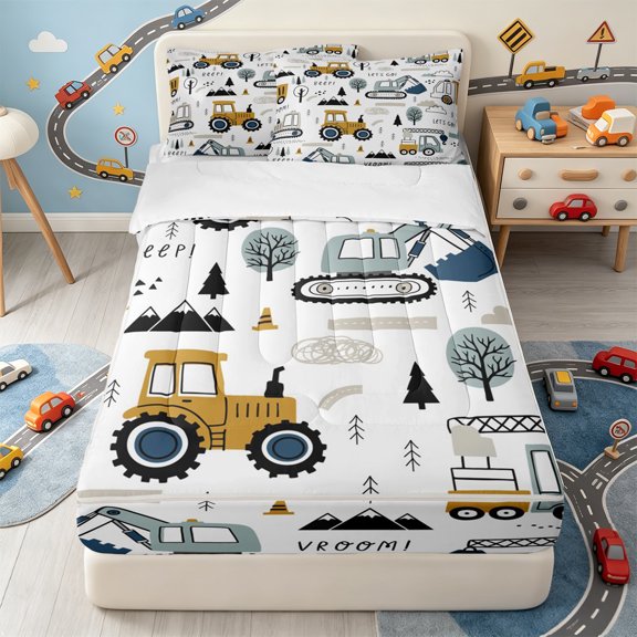 Erosebridal Cartoon Construction Truck Zipper Twin Comforter Sets with Fitted Sheet and 2 Pillowcases,Pine Tree Zipper Bedding Set For Boys,4pcs