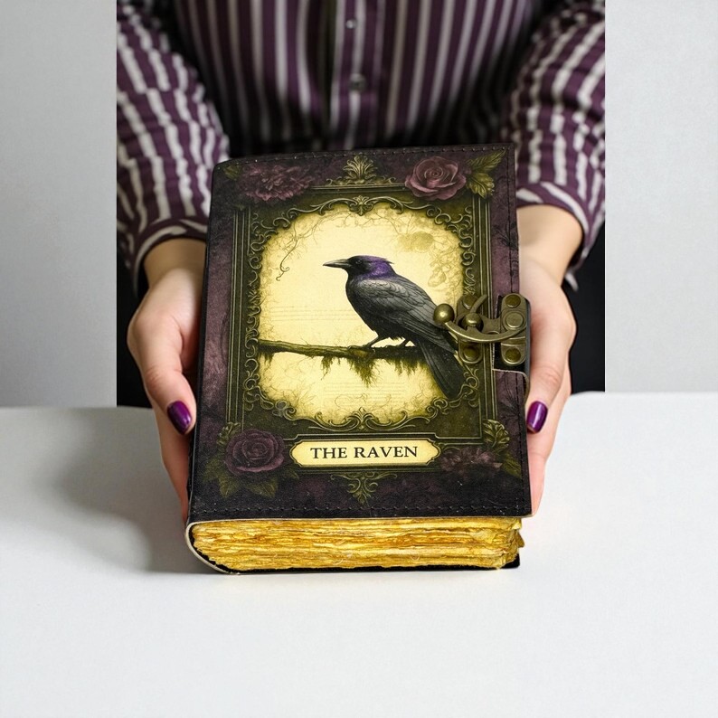 Handmade Leather Journal with Vintage Crow Artwork – 5x7 inch Notebook, 200 Handmade Papers, Antique Lock, Sketchbook & Gift Journal