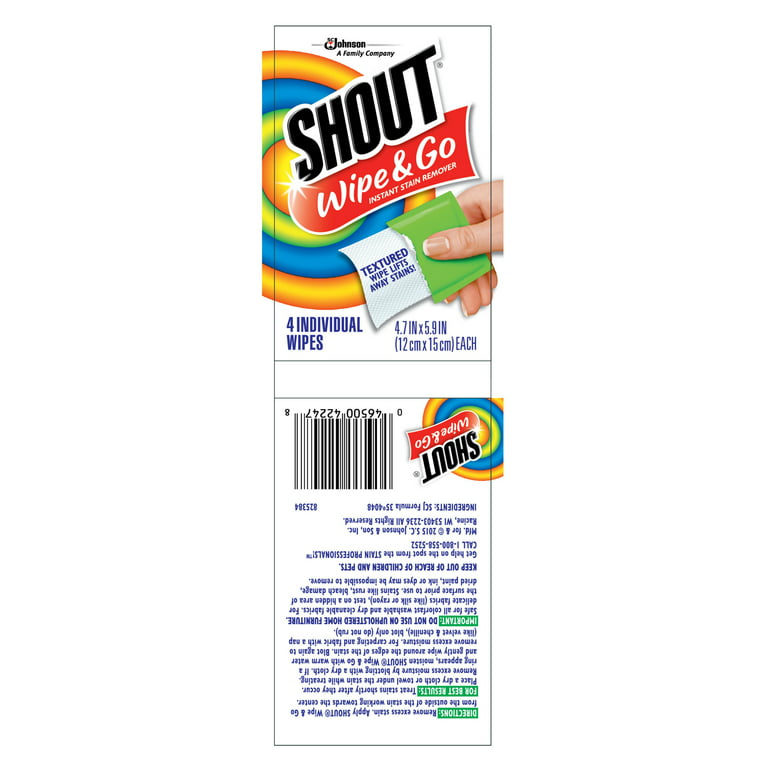Shout Wipe & Go, Instant Stain Remover, 4 Wipes 