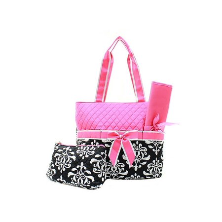 Quilted Diaper Bag 3-Piece Set, Bloom Damask Black/Hot Pink By Quilted ...