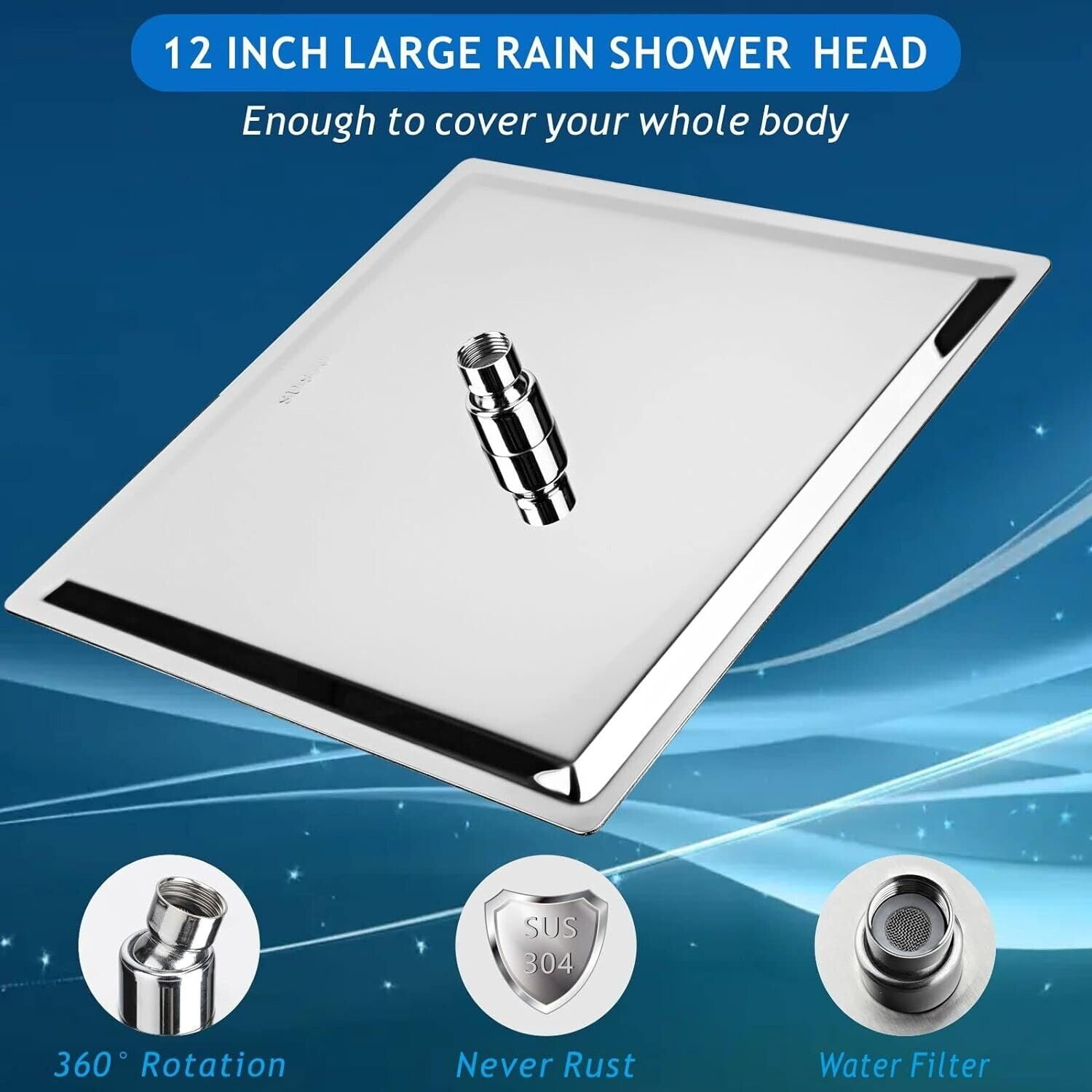 Zovajonia 12" Square Stainlese Steel High Flow Large Ultrathin Rainfall Shower head Chrome