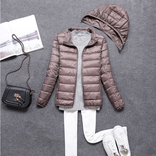 Chaqueta de plumón ligera con capucha y cremallera desmontable para mujer, abrigo corto ultrafino de otoño e invierno