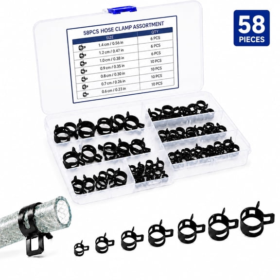 58pcs Spring Hose Clamp Assortment, EEEkit 7 Size Constant Tension Fuel Line Clamps Tube Clamp with Storage Box, Black