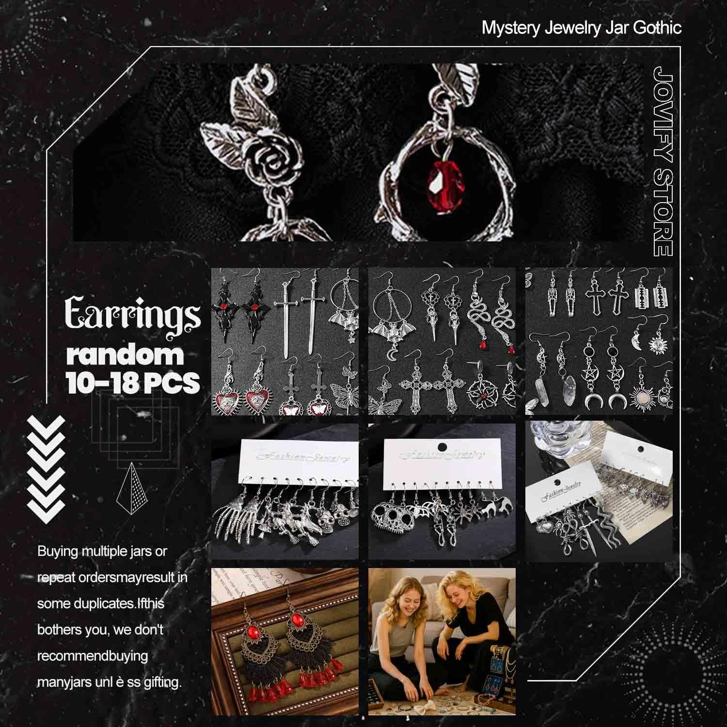 Mystery Jewelry Jar, Surprise Gothic Jewelry Box Sets for Women, Scary Witch Gift with Unique Birthday Halloween Gothic Red & Black Vampire Spooky Season Accessories(45-55PCS)