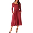 thumbnail image 1 of Vestido midi de manga larga con cuello en V y cintura alta para mujer Inspire Chic con bolsillos en color rojo vino XL, 1 of 5