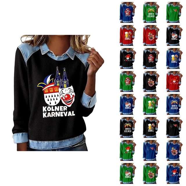 Mardi Gras Chemises à Manches Longues pour Femmes 2026 Mode Denim Patchwork Col à Revers Chandail en Molleton Graphique